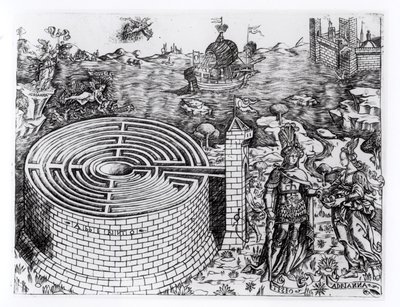 Legenda Theseuksesta ja yksityiskohta Kreetan labyrintistä. tekijältä Italian School
